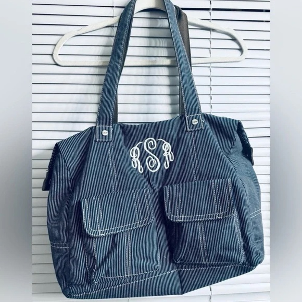 Thirty One Blue Striped Denim Large Tote /Purse/ Bag 17 X 12.5” approximately.
